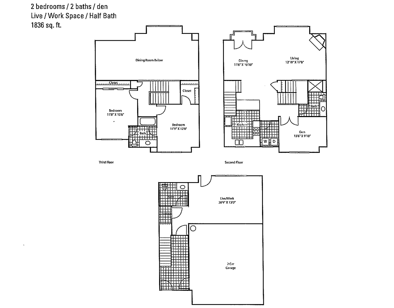 Floor plan for 2 beds, 2 baths, 1836 sqft